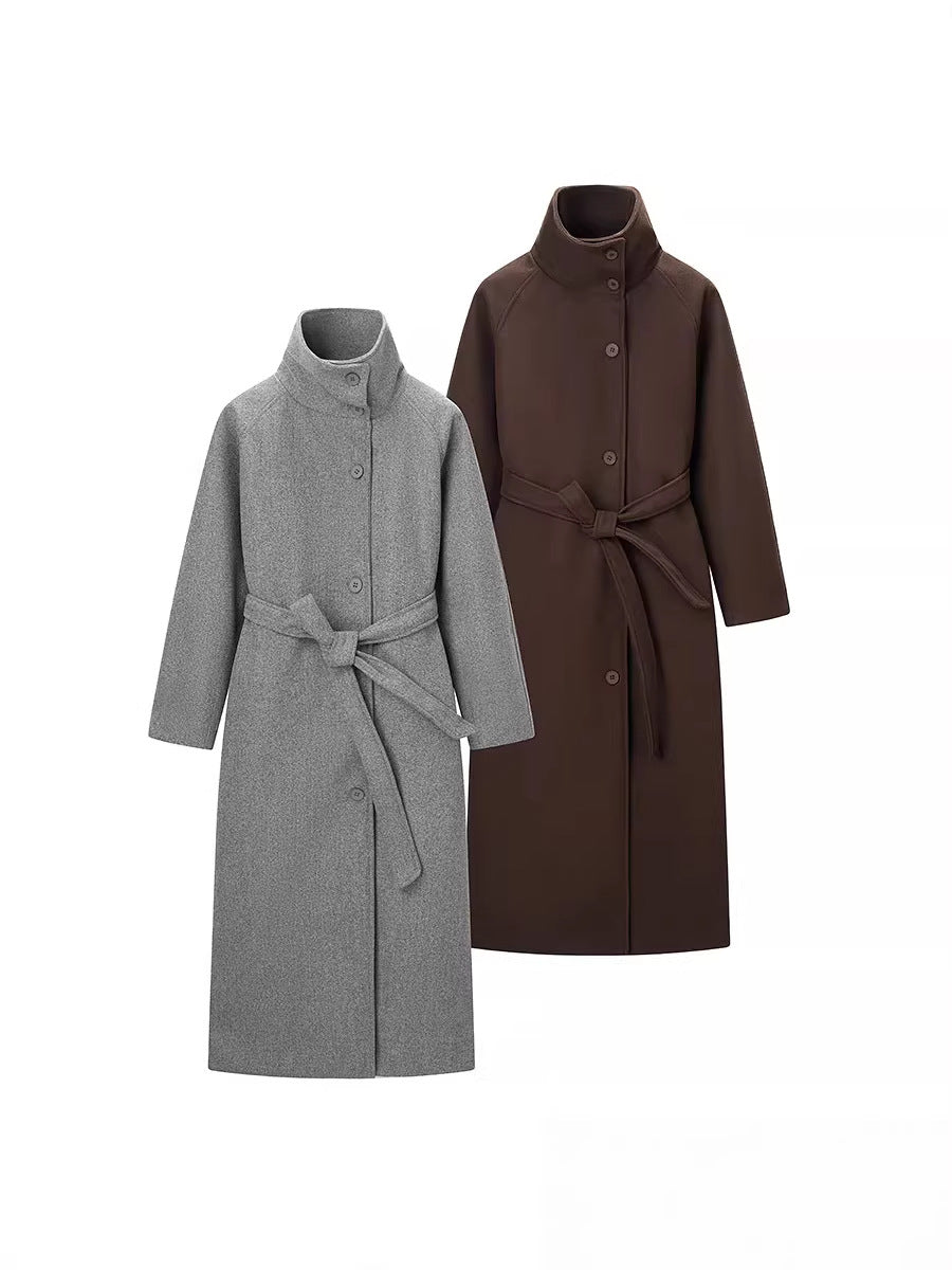 Women's belted wool coats, grey and dark brown single-breasted with stand collar