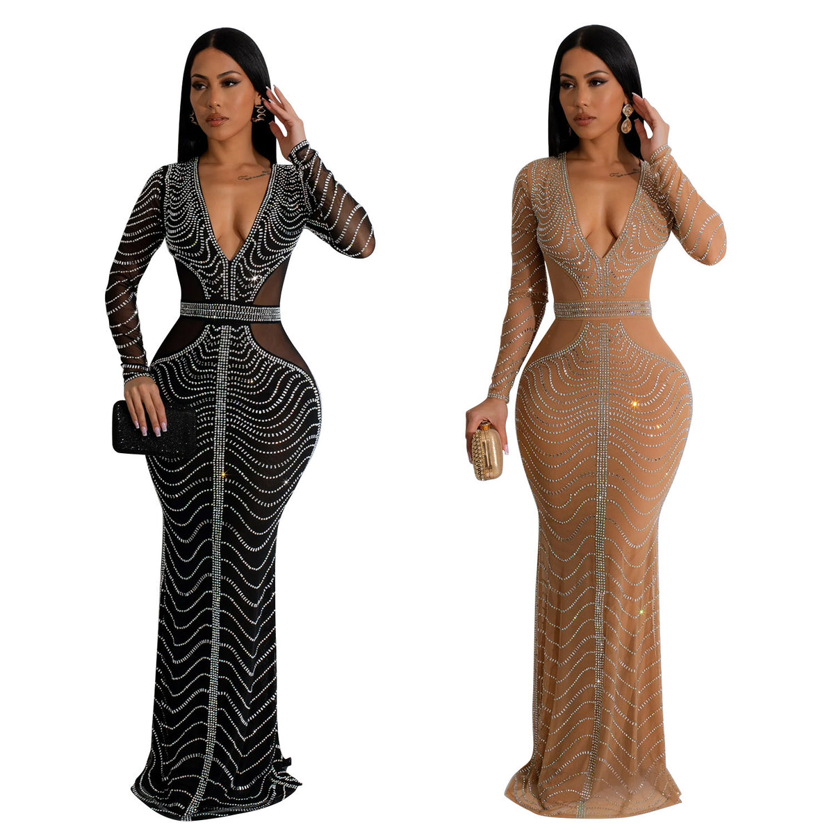 Black and apricot mesh rhinestone evening dresses, deep V-neck, long sleeves, maxi length.