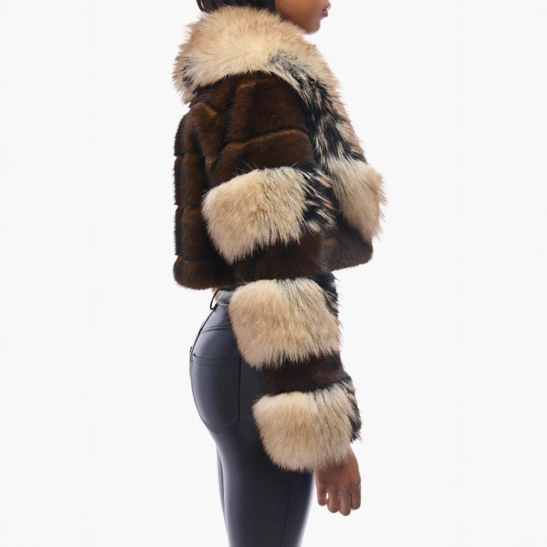 Brown faux fur cropped jacket, side view with wide lapel and cuffed sleeves