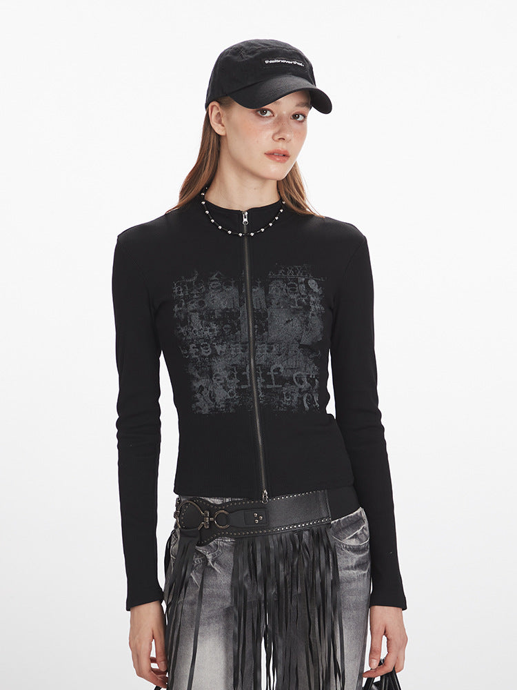 Women's black slim stand-collar zip-up long-sleeve top with abstract front print