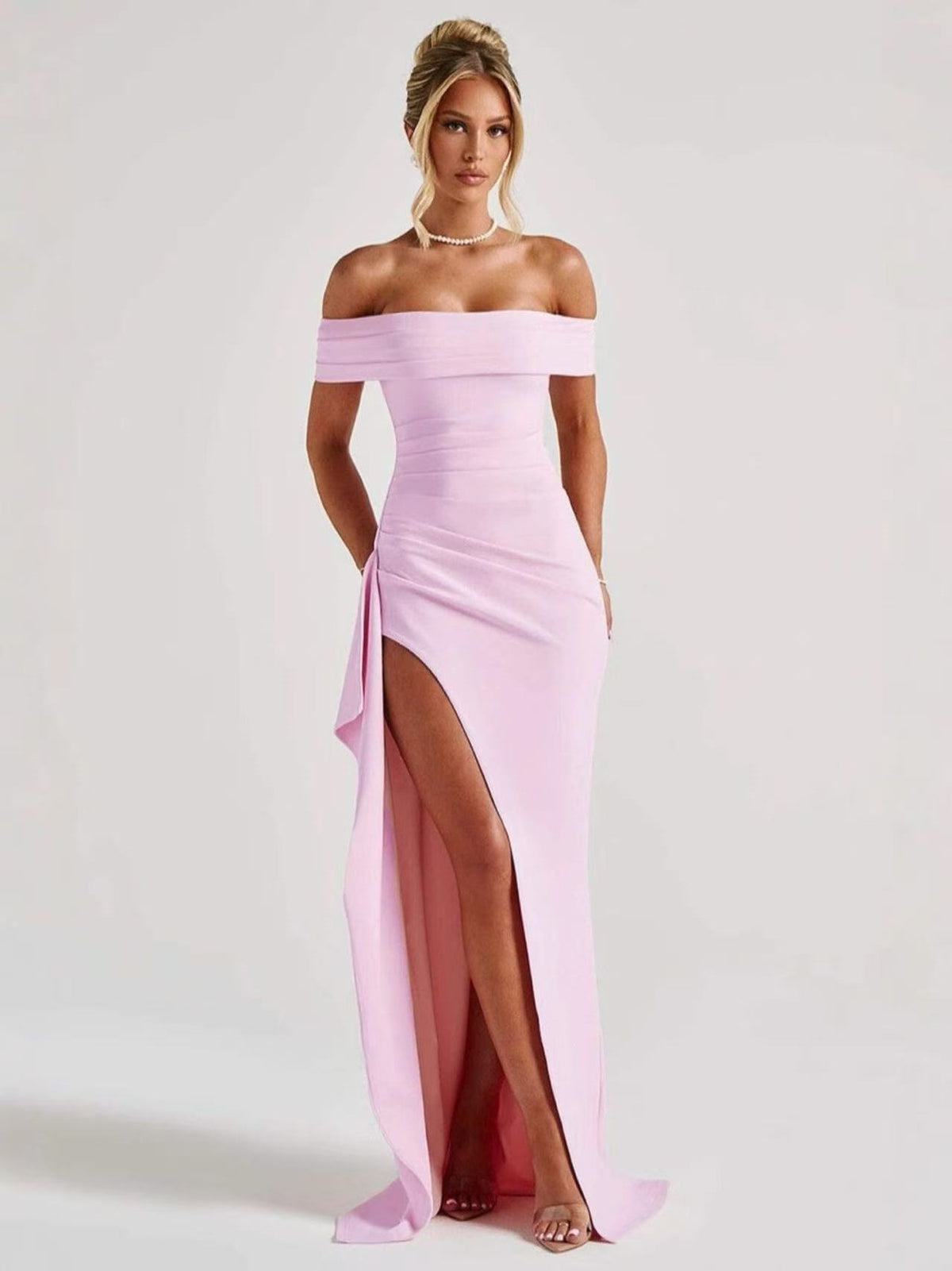 Light purple off-shoulder ruched mermaid maxi dress with high leg slit and sheer overlay