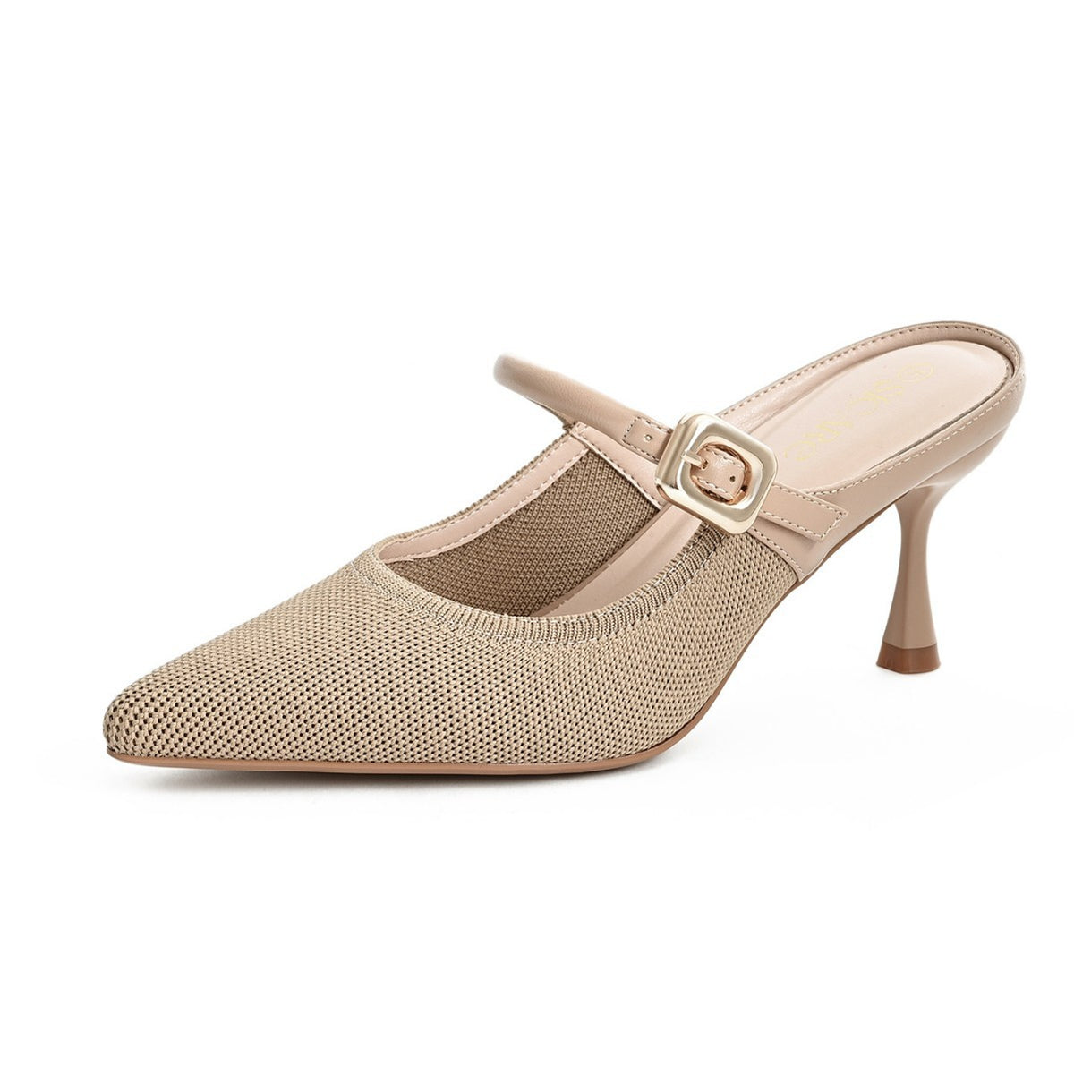 Beige pointed-toe mule heels with single strap buckle and stiletto heel
