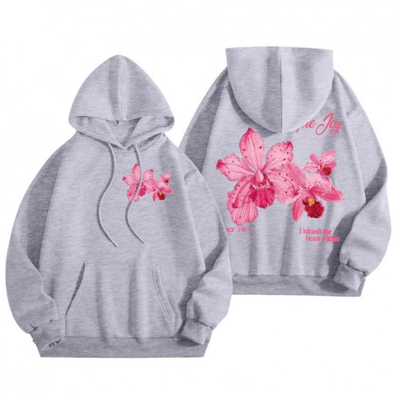Hibiscus Print Hoodie for Women — Oversized Beach Pullover in Cotton Fleece