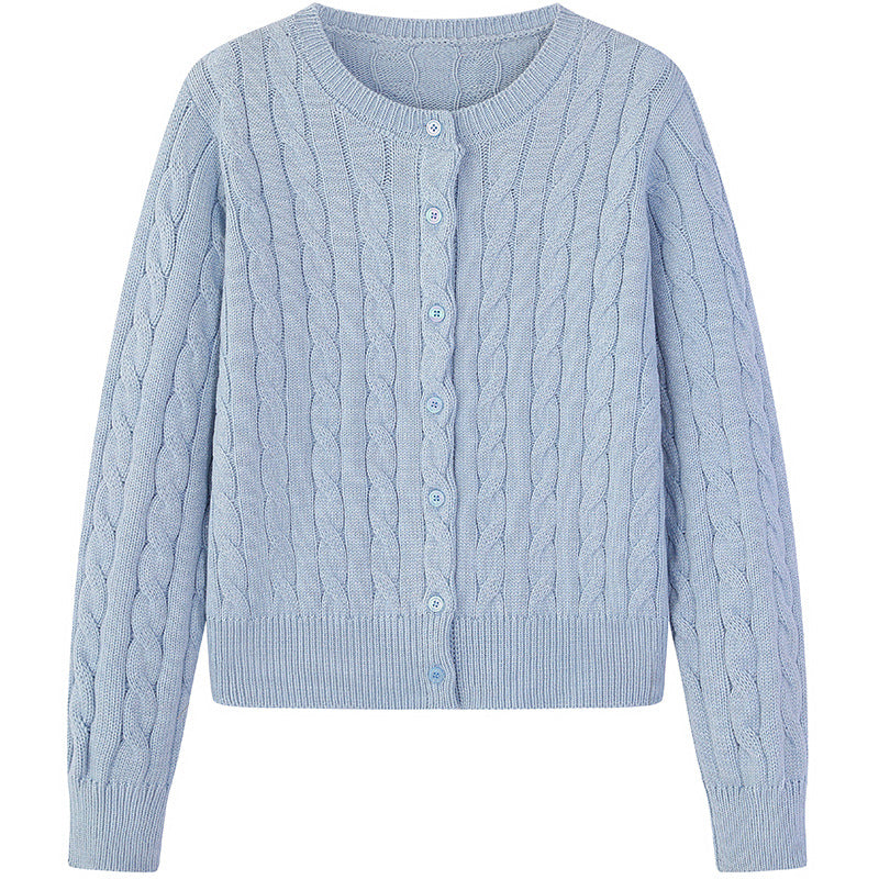 Light blue twist-knit cardigan sweater with round neck and button-front, long sleeves, cable texture