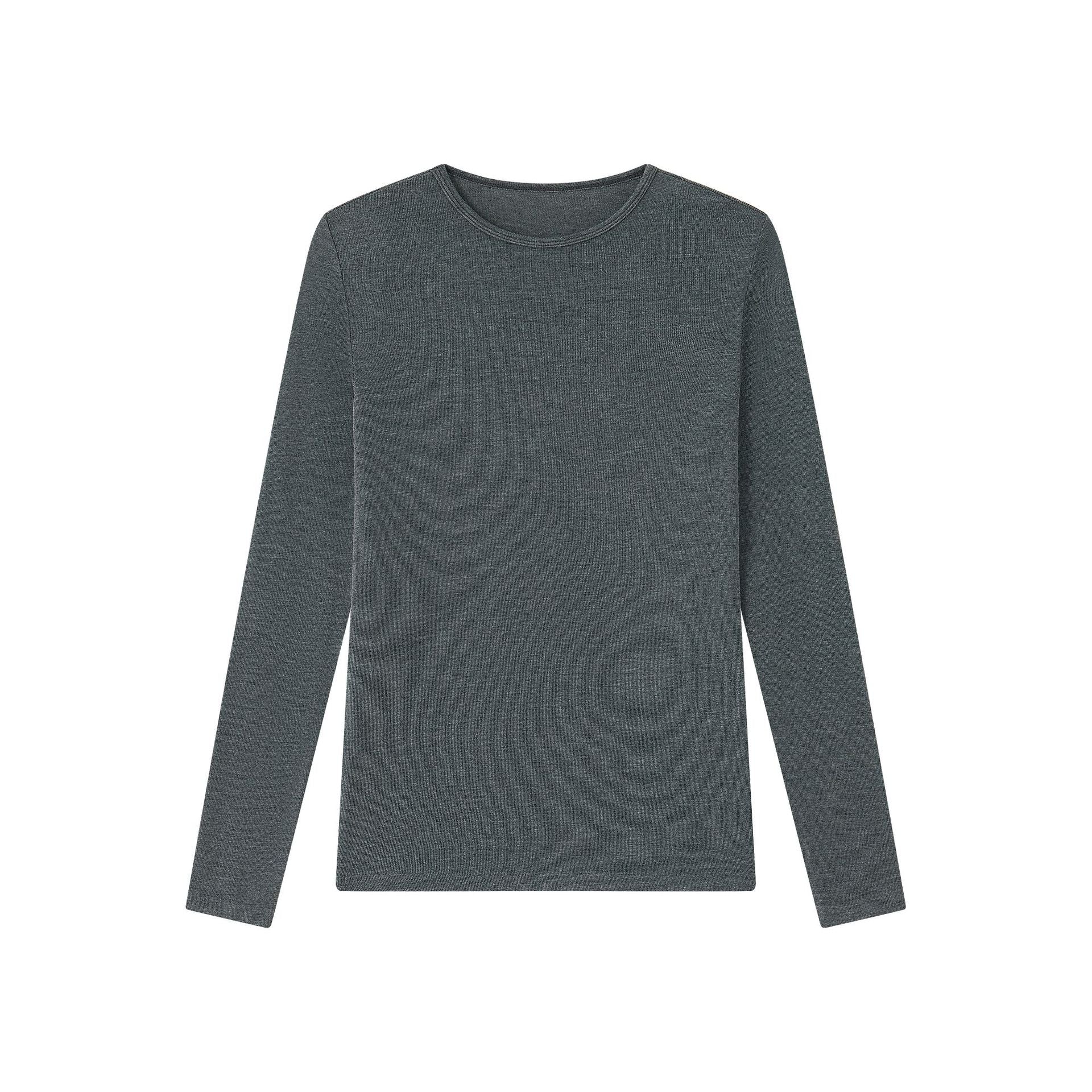 Women's long-sleeve knit T-shirt, crewneck, solid charcoal gray