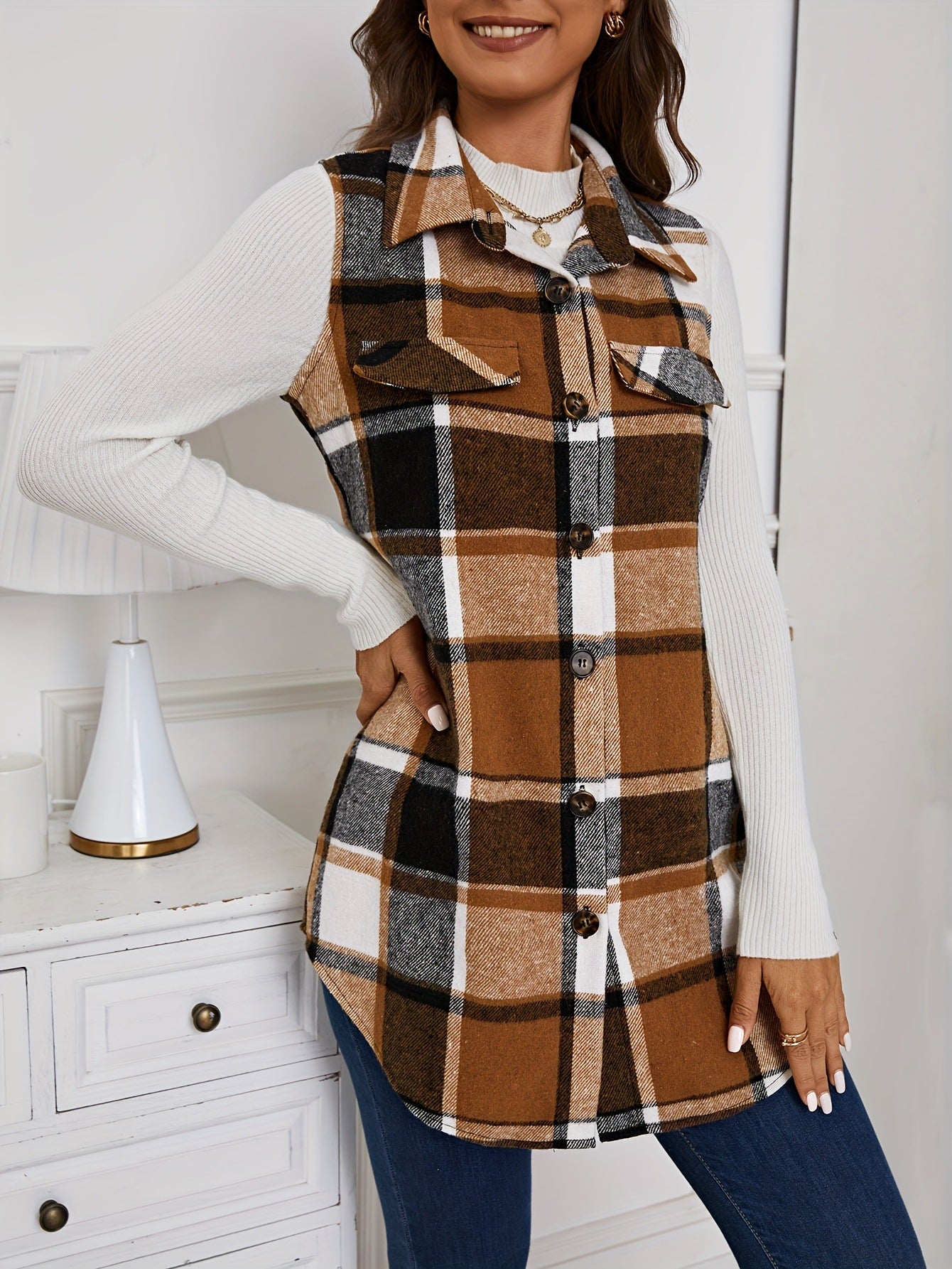 Plaid Vest for Women — Sleeveless Longline Button Front Shacket in Wool Blend