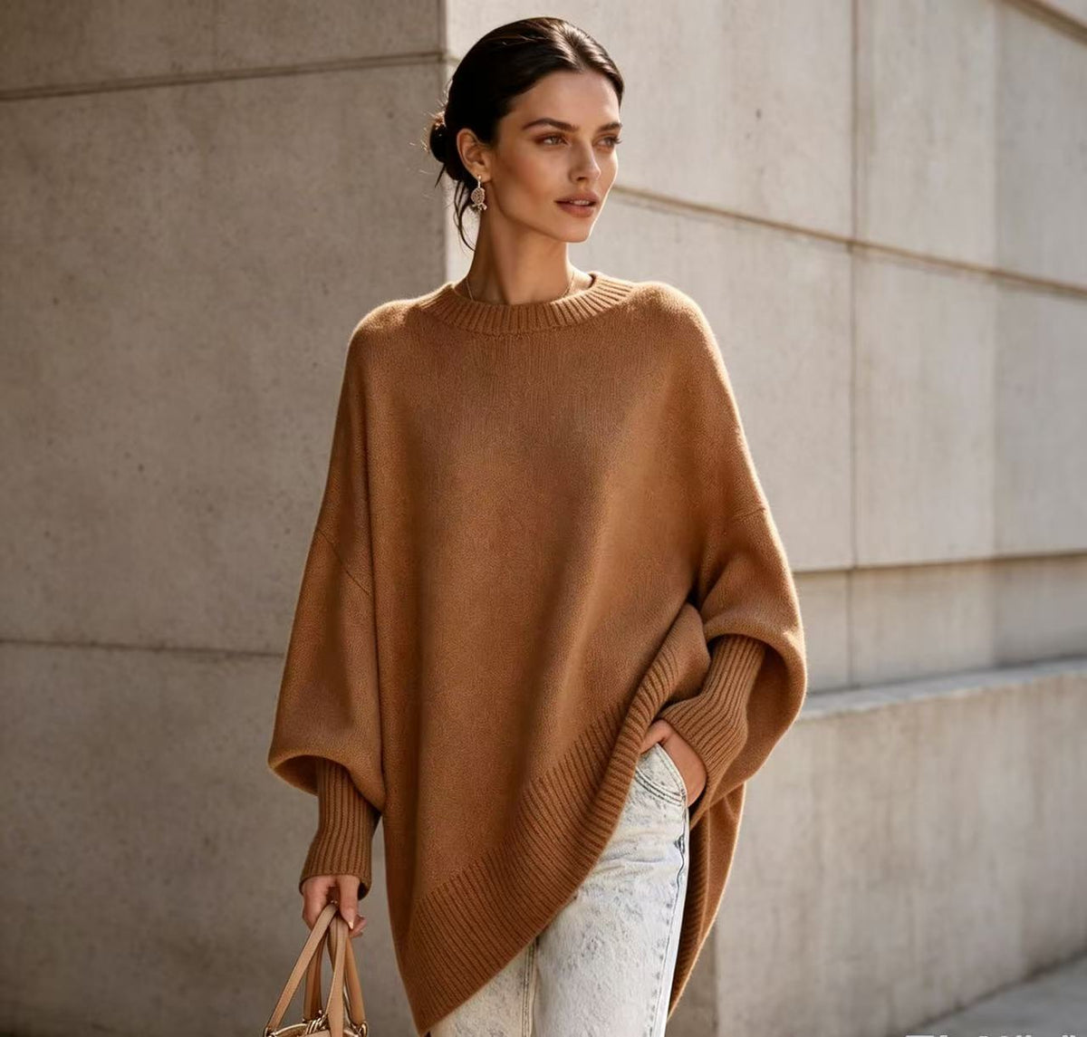 Plus-size knit sweater, solid camel, round neck pullover with oversized batwing sleeves