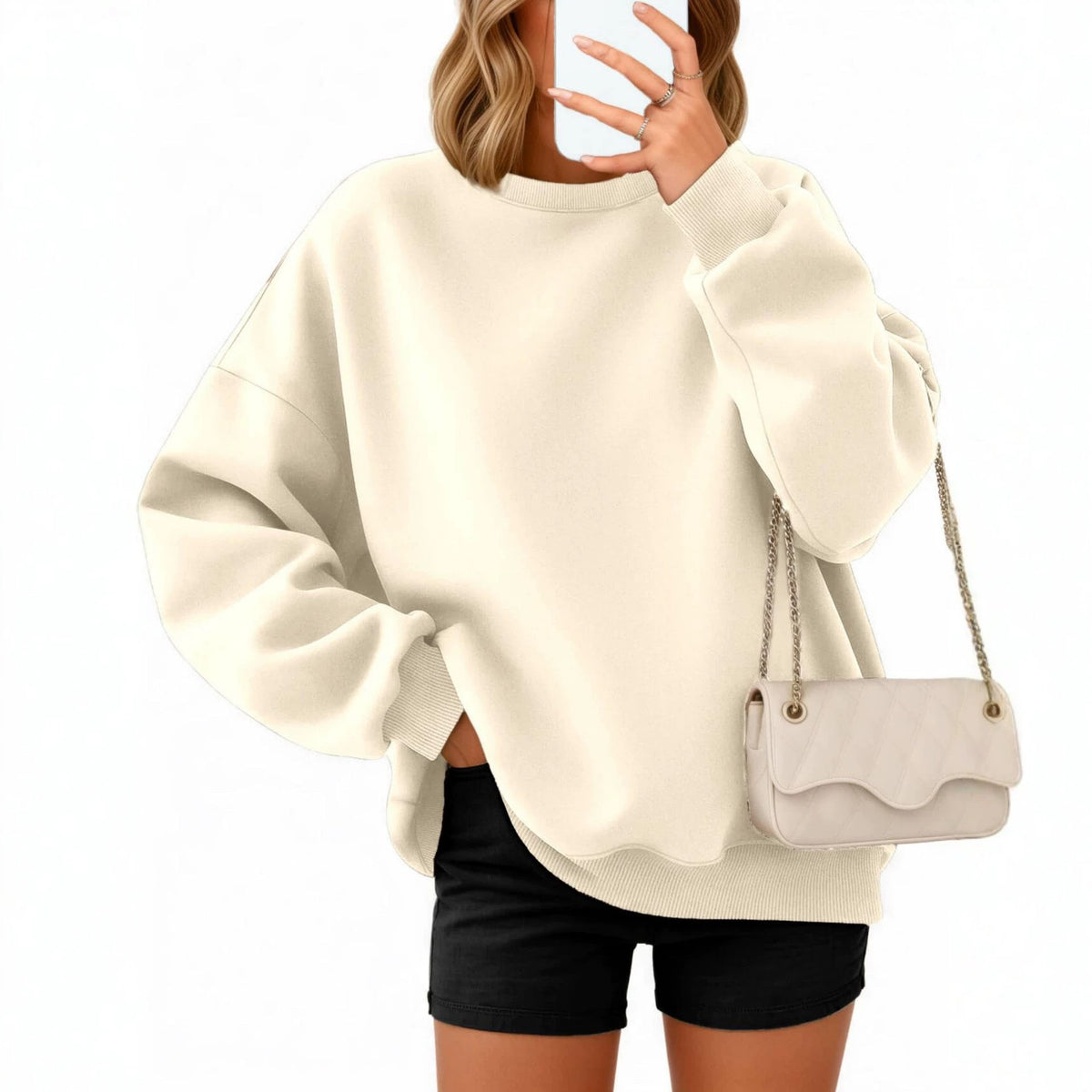 Oversized Crewneck Sweatshirt for Women — Drop Shoulder with Side Slits in Fleece