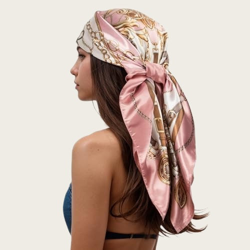 Satin square scarf for head in light pink with gold and chain floral print