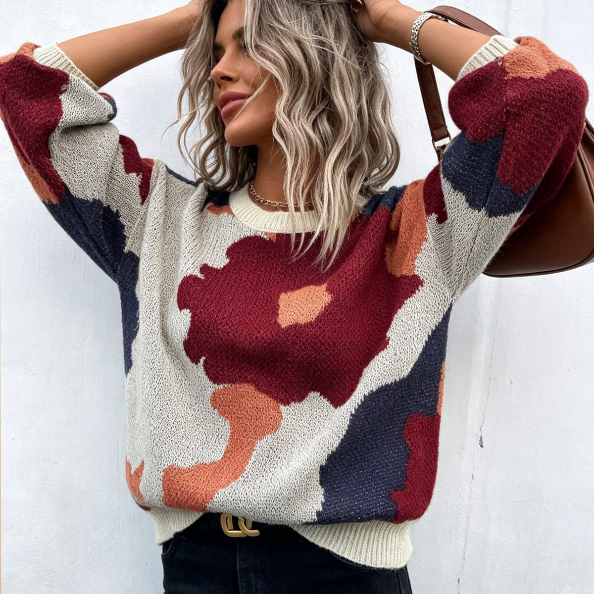 Women’s knitted pullover sweater, round neck, long sleeves, cream with burgundy and navy pattern