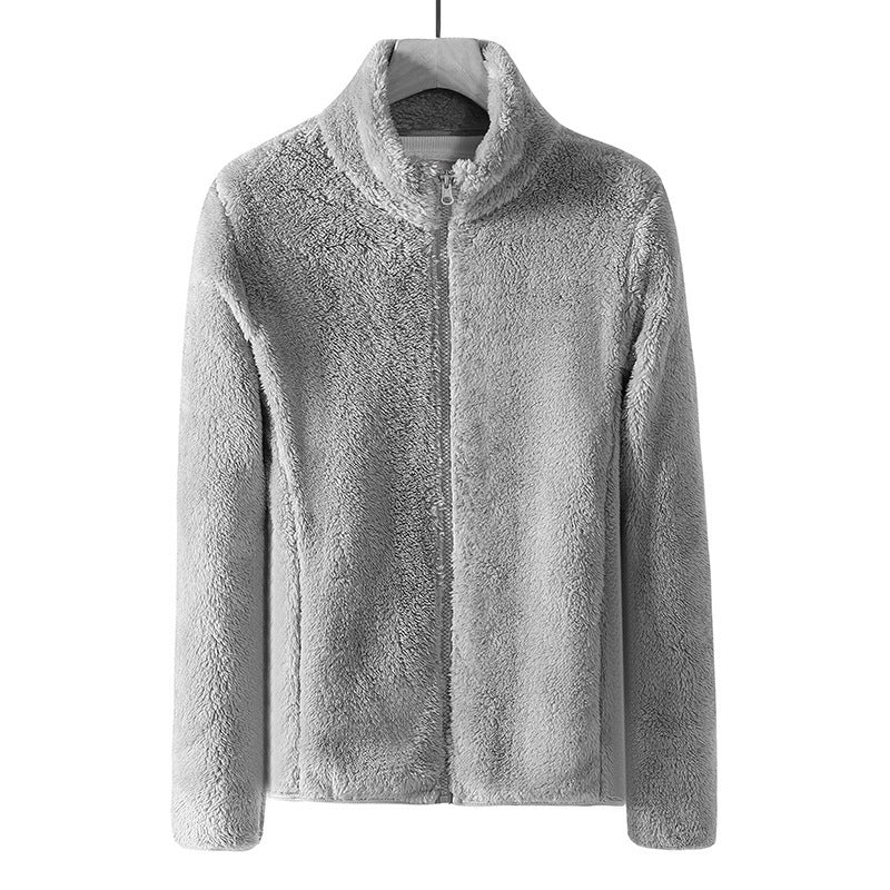 Light gray fleece zip jacket with stand collar, front view on hanger