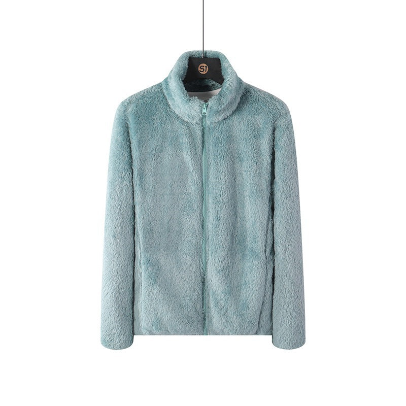Light teal fleece zip jacket with stand collar, full front view on hanger