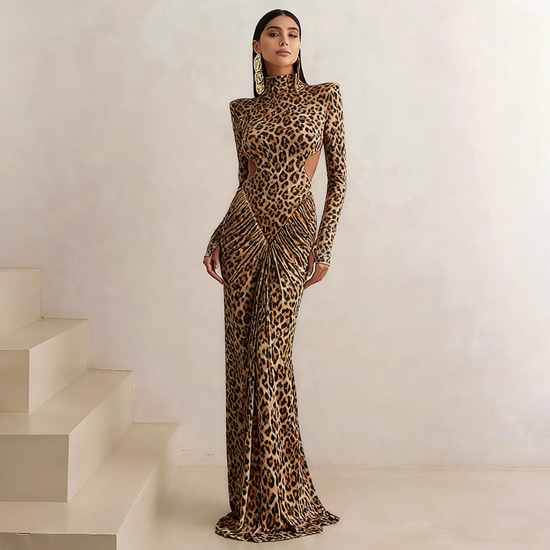 Leopard print backless maxi dress with high neck and long sleeves, fitted silhouette