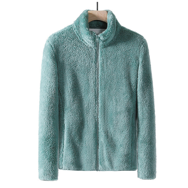 Teal green fleece zip jacket with stand collar, front view on hanger