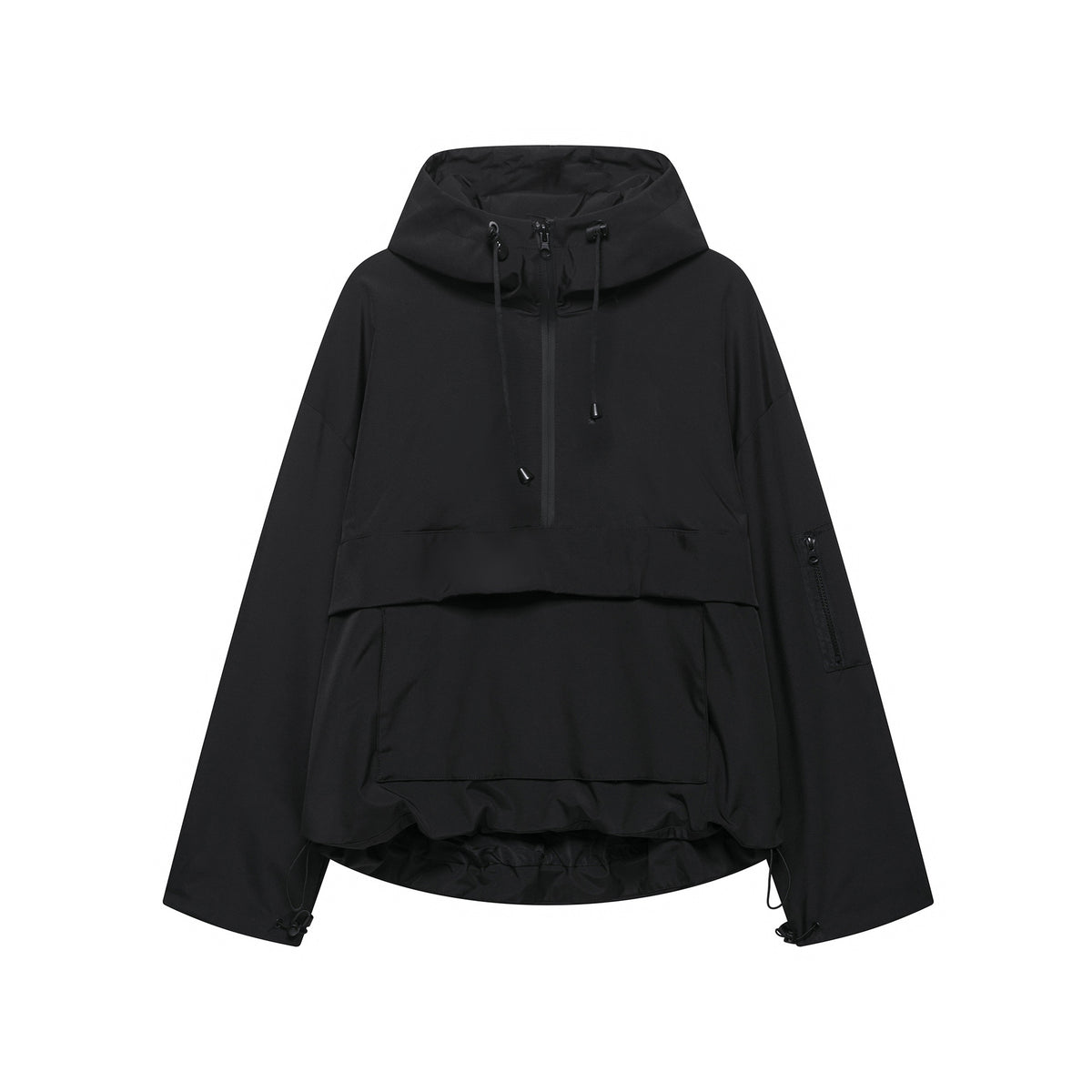 Women’s hooded windproof jacket in black with drawstring hood and center front zipper