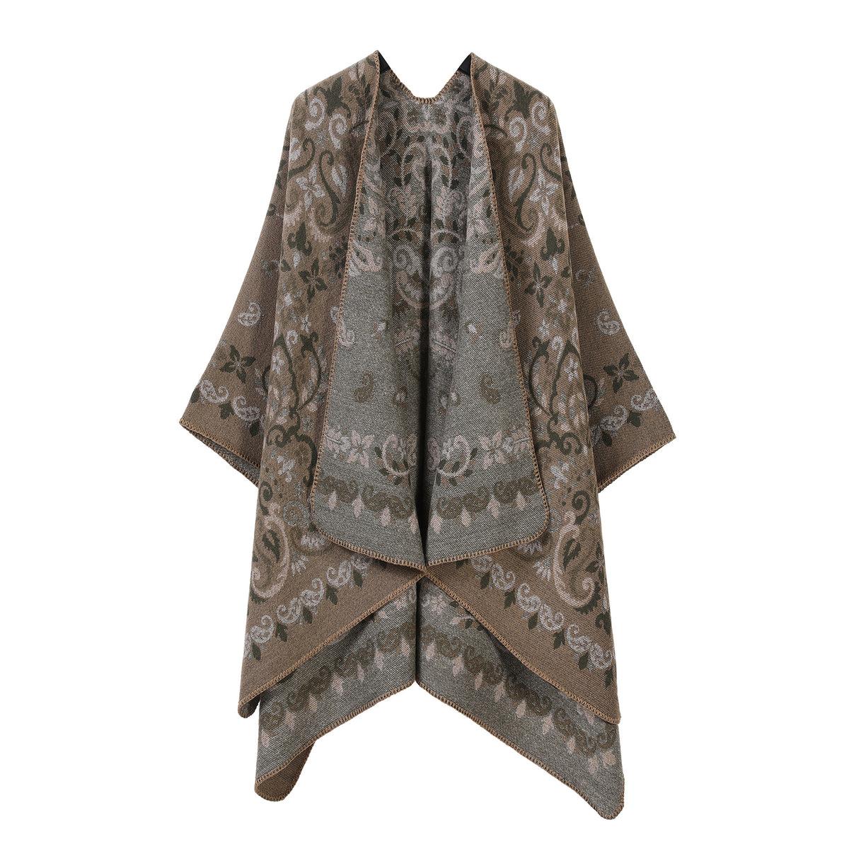 Women’s patterned split cape shawl in taupe and gray with repeating floral swirl pattern