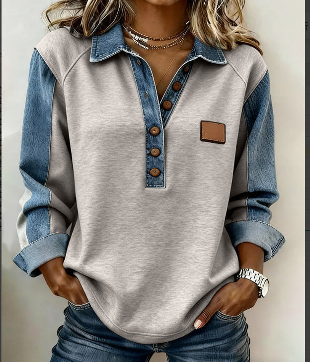 Cable Knit Sweater for Women — Denim Collar Cuffs and Hem with Button Placket in Wool