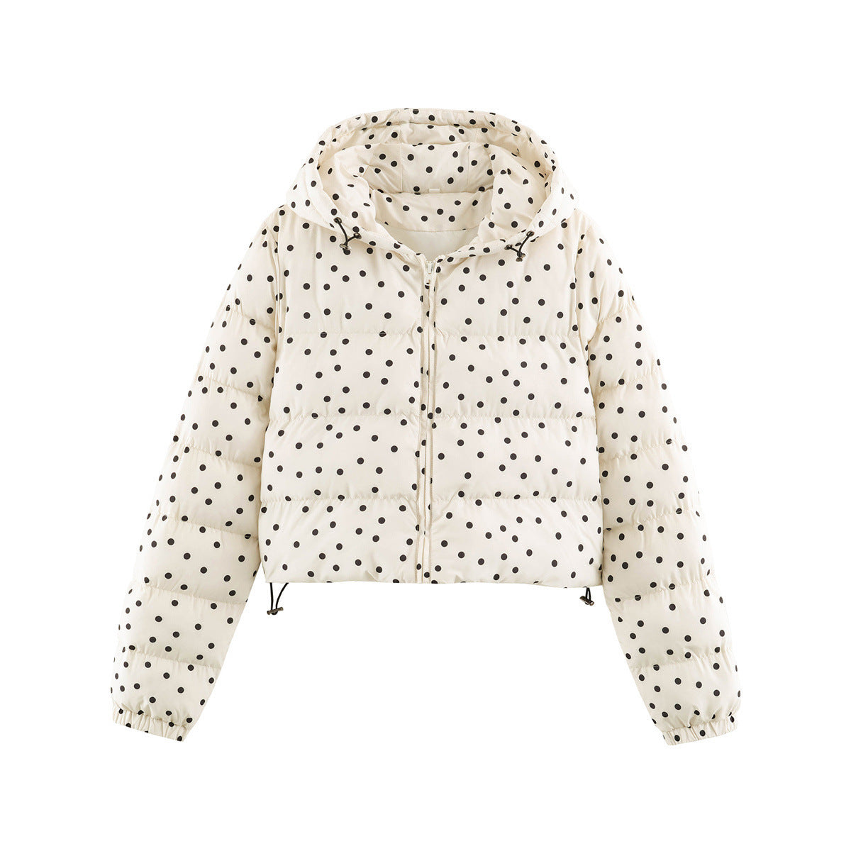 Beige short hooded polka-dot cotton puffer jacket with front zipper and drawcord hem