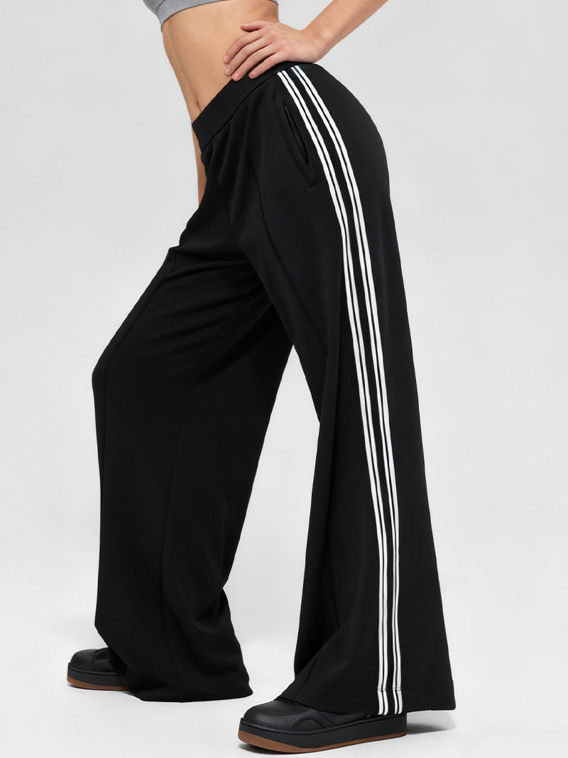 Dark night wide-leg pants with white side stripe trim and elastic waistband