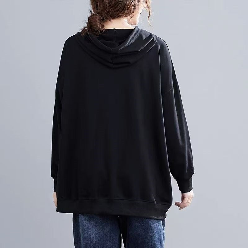 Black back view pullover hoodie with hood and long sleeves