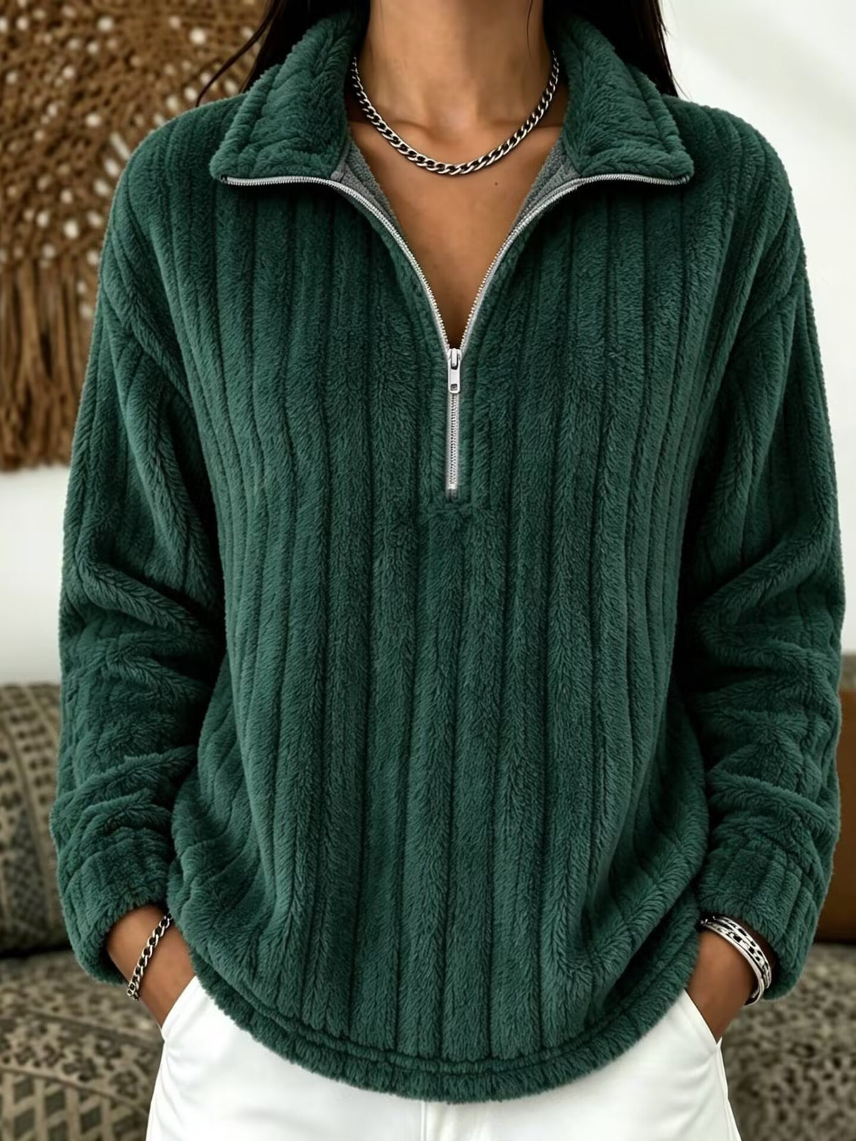 Women’s ribbed plush zip-up pullover sweatshirt in dark green, long sleeves