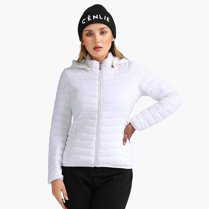White hooded quilted puffer jacket with full front zipper