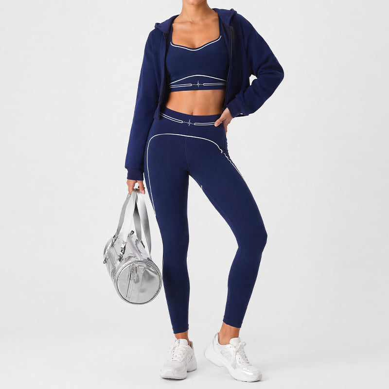 Navy zip-up hooded cropped sports jacket with long sleeves and front pockets