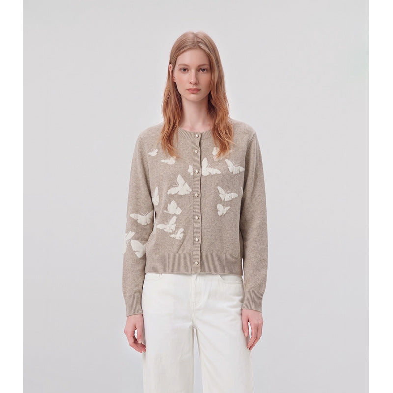 Women’s sand knit cardigan sweater with white butterfly motifs and button front