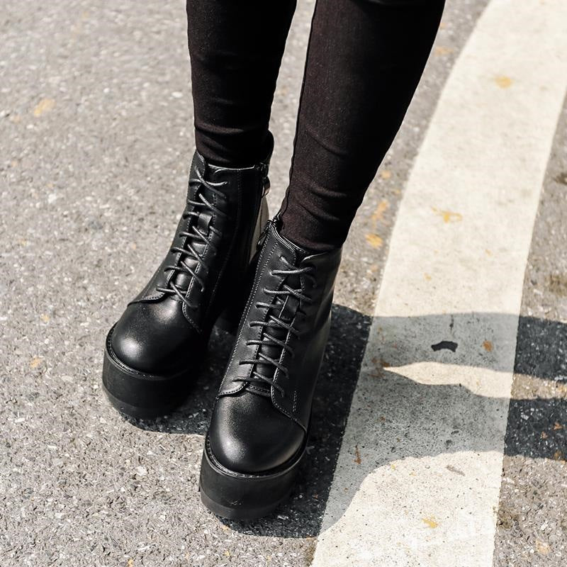Platform Ankle Boots for Women — Chunky Lace Up Combat Style in Faux Leather