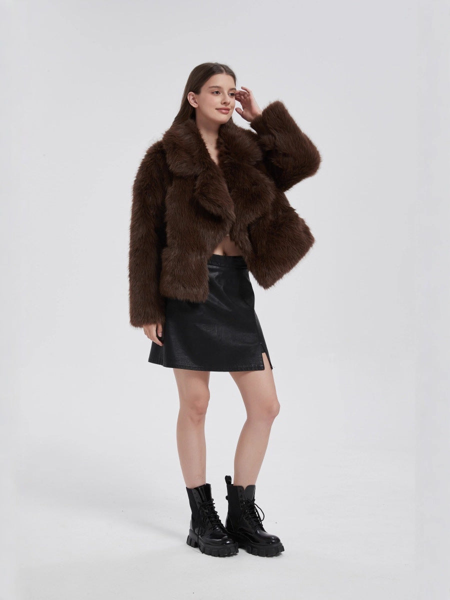 Brown faux fur cropped coat with open front and full, fluffy sleeves