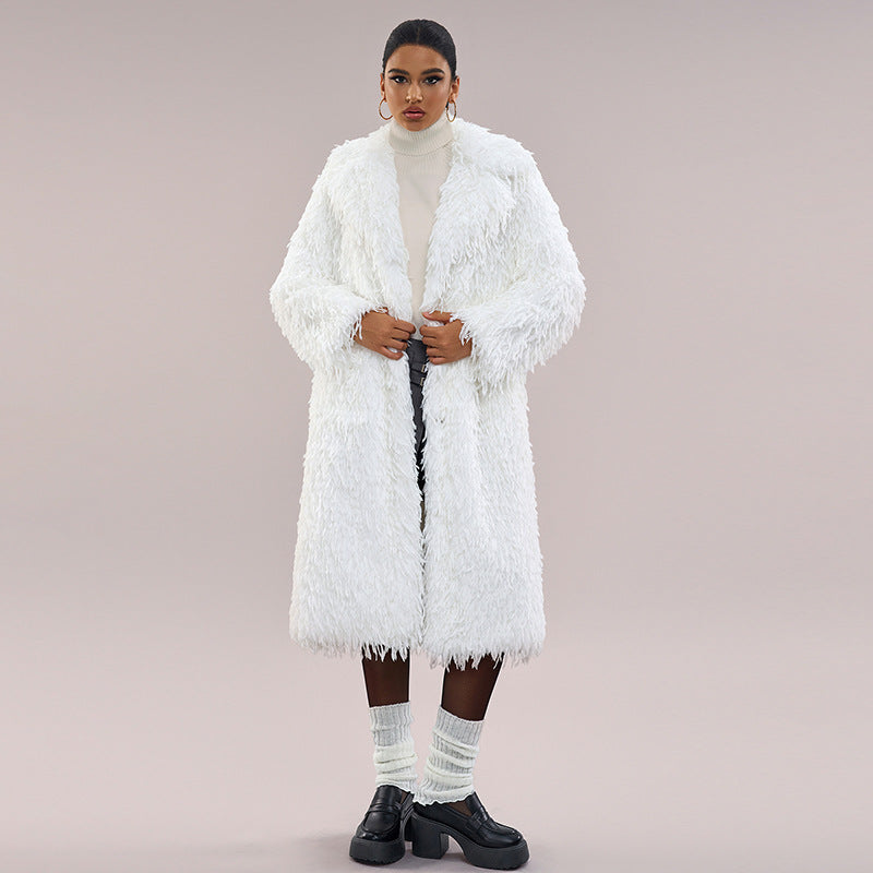 White faux fur long coat with open front and shaggy texture, fringe hem