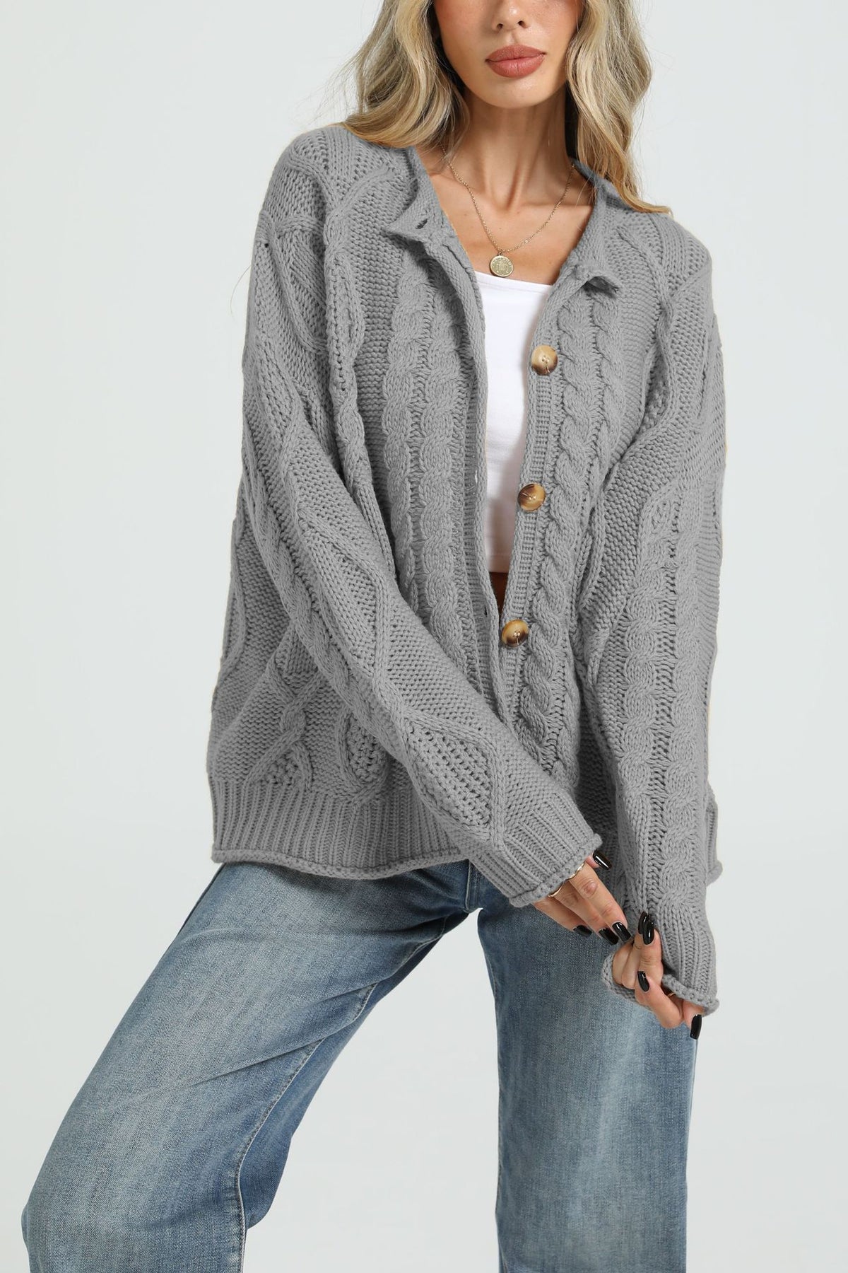 Women’s cable-knit button cardigan in light gray, loose fit, long sleeves