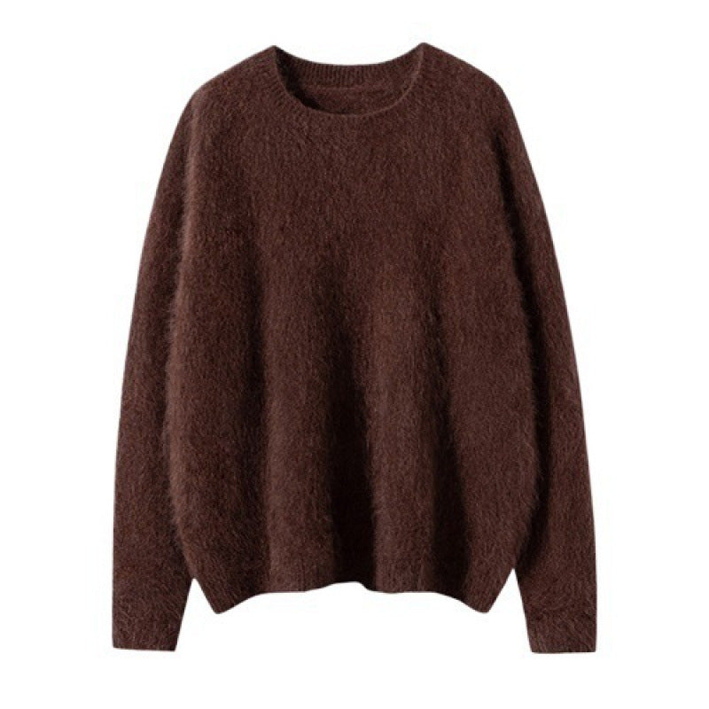 Brown round-neck cashmere pullover sweater, long sleeves, classic loose fit