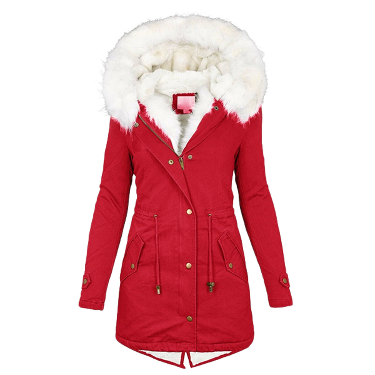 Mid-length hooded parka coat with white faux fur trim, red, front button placket