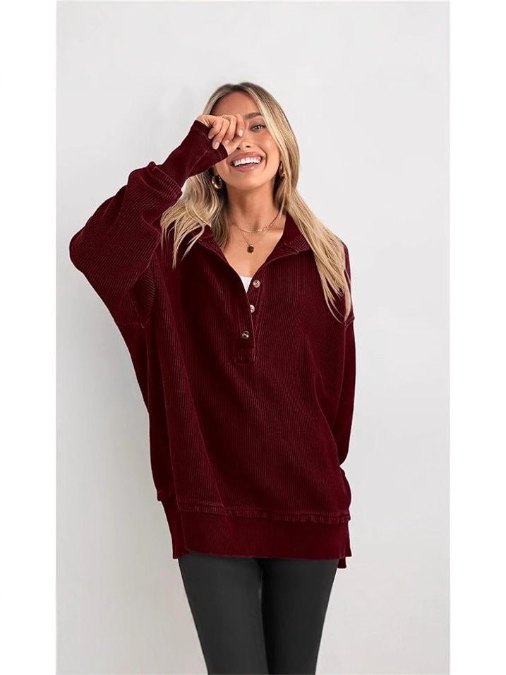 Dark red hooded henley sweatshirt with button placket and loose raglan sleeves