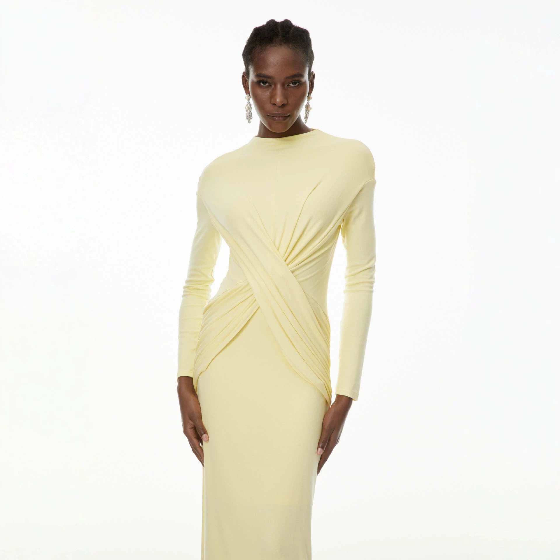 Long Sleeve Maxi Dress — Crossover Draped Waist with High Neck and Back Slit in Jersey