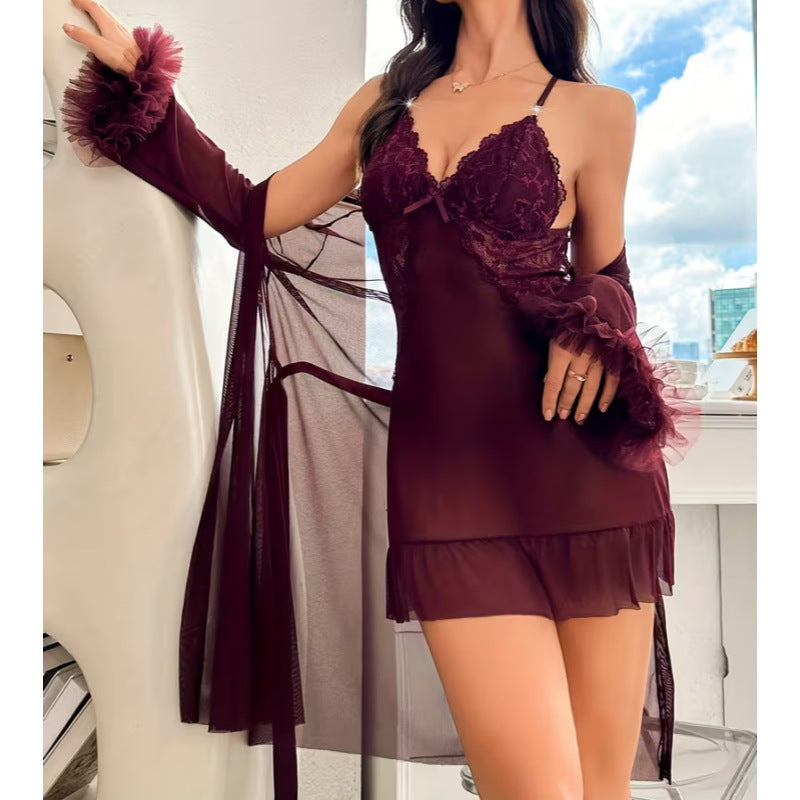 Wine red lace lingerie slip with sheer robe, ruffle cuffs, bow ties