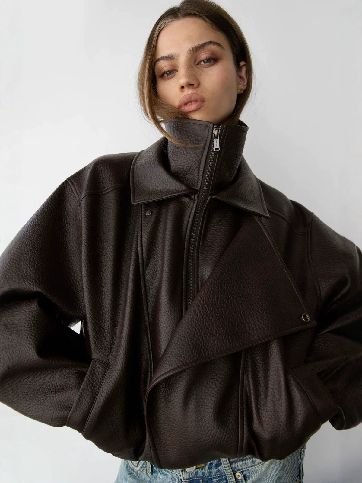Faux Leather Jacket for Women — Oversized Cropped Moto with an Asymmetric Zip