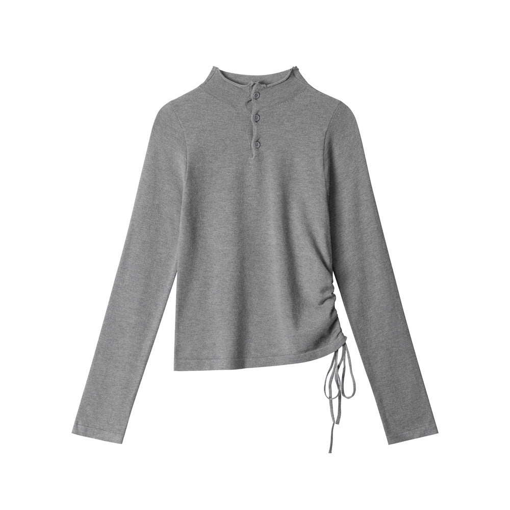 Women’s gray long-sleeve knit sweater, stand collar, button placket, drawstring hem