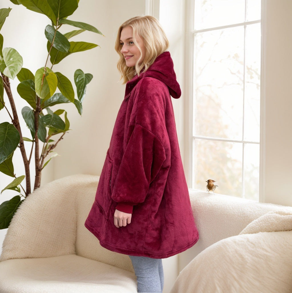 Wearable Blanket Hoodie for Women — Oversized Pullover with a Pocket in Plush Fleece