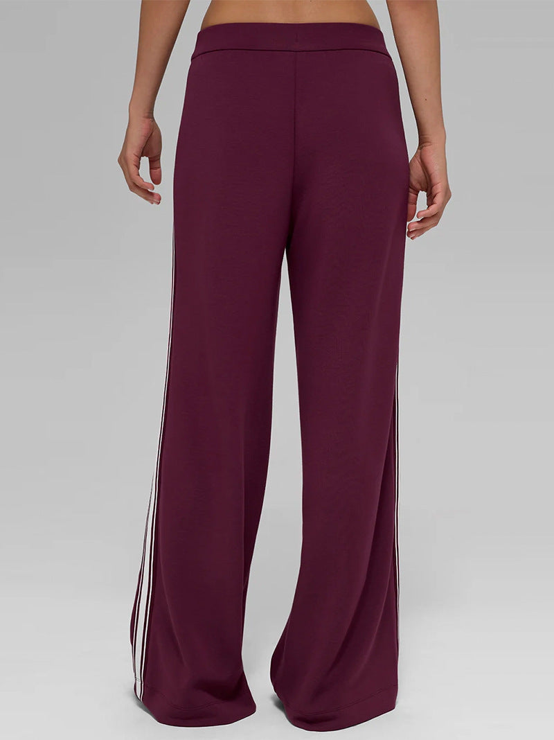 Wine red wide-leg casual pants with long legs and white side stripe