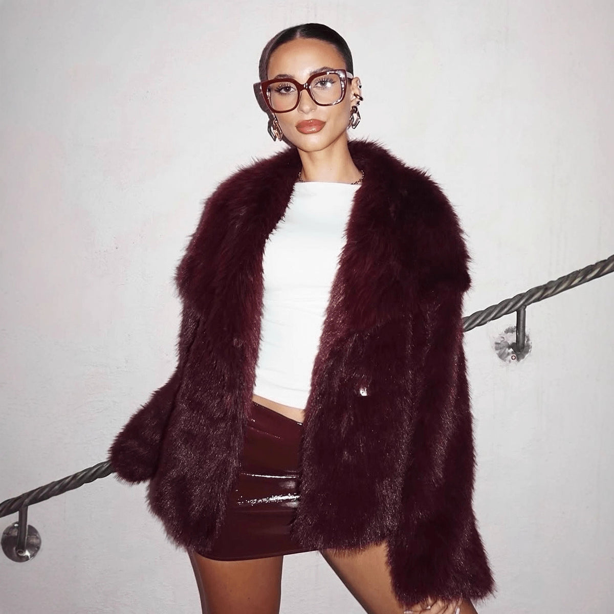 Wine red faux fur jacket with wide lapels, long sleeves