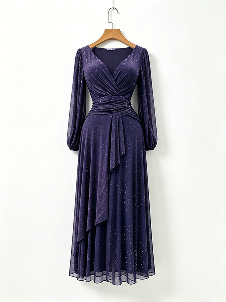 Purple long-sleeve pleated chiffon wrap dress with shimmer texture and draped V waist