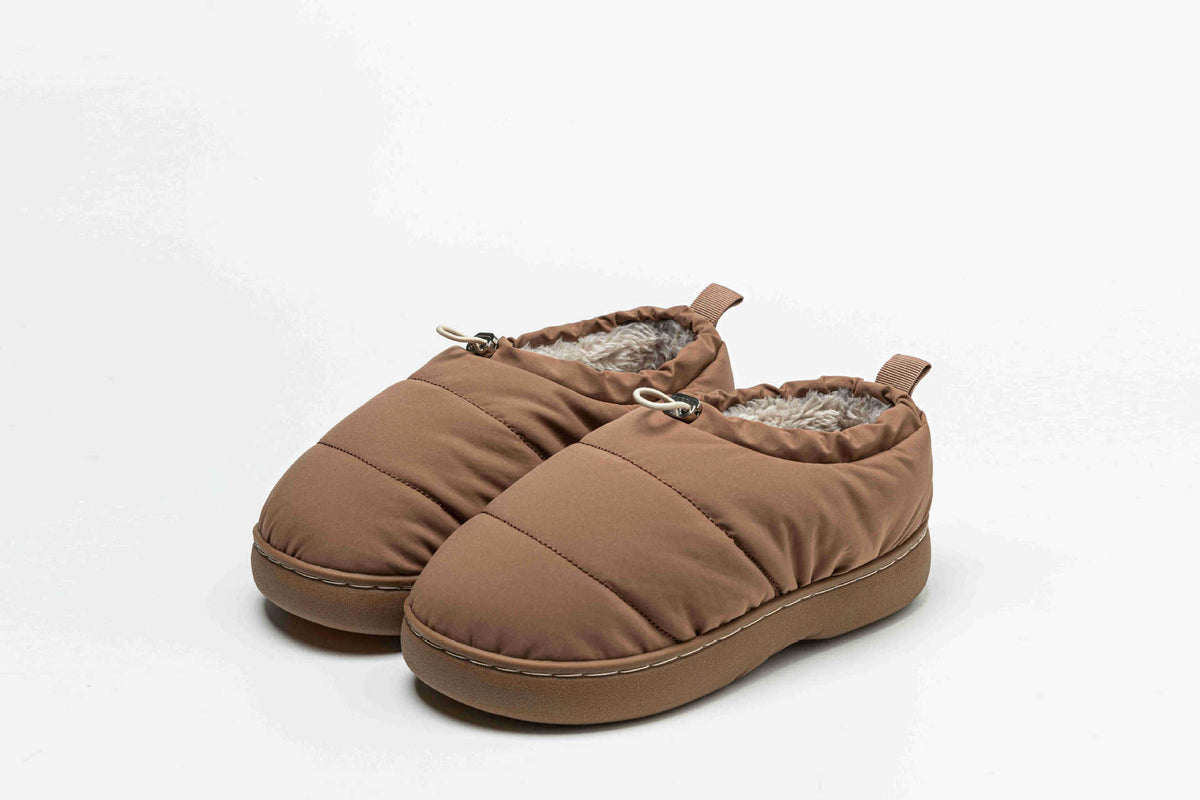 Men's brown cotton slippers with fleece-lined interior and padded slip-on sole