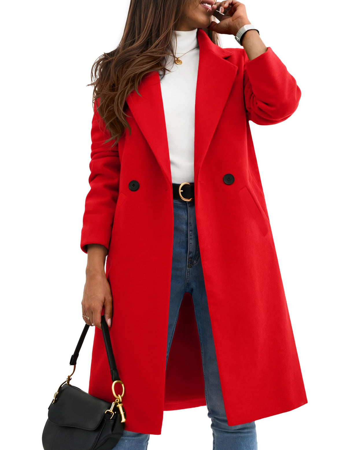 Long red double-breasted coat with notched lapels and two rows of buttons.