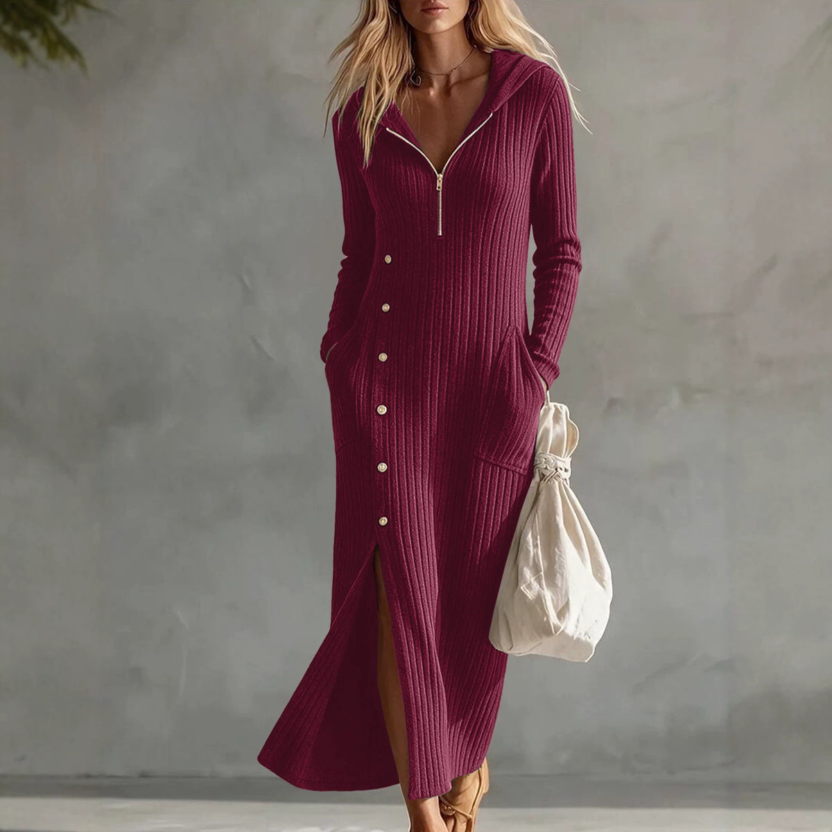Hooded Knit Maxi Dress — Half Zip Button Front with Side Slit in Ribbed Knit