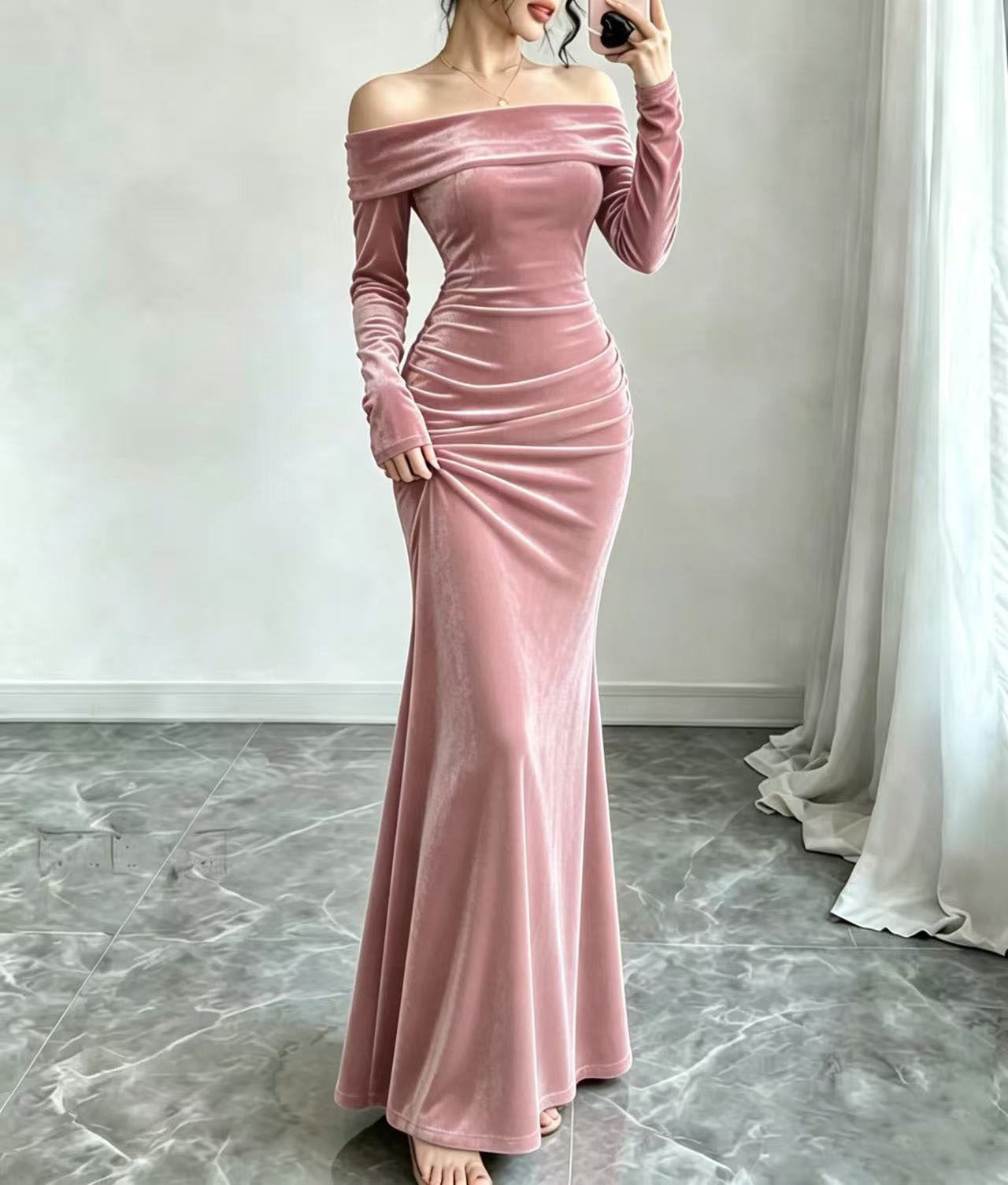 Velvet Maxi Dress with Off Shoulder Neckline — Long Sleeve Ruched Mermaid Gown