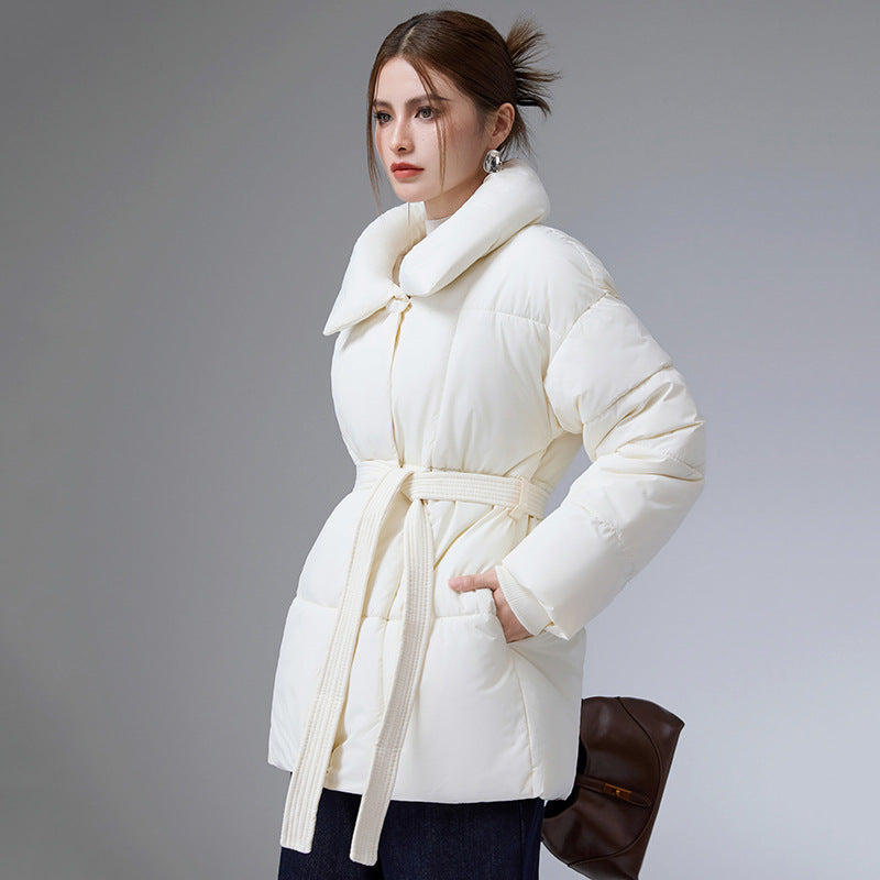 Women's white cotton puffer coat with stand collar and waist tie belt