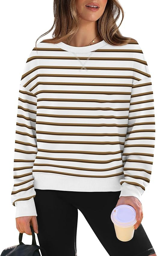 Women's striped crew neck sweater, long sleeves, brown and white horizontal stripes