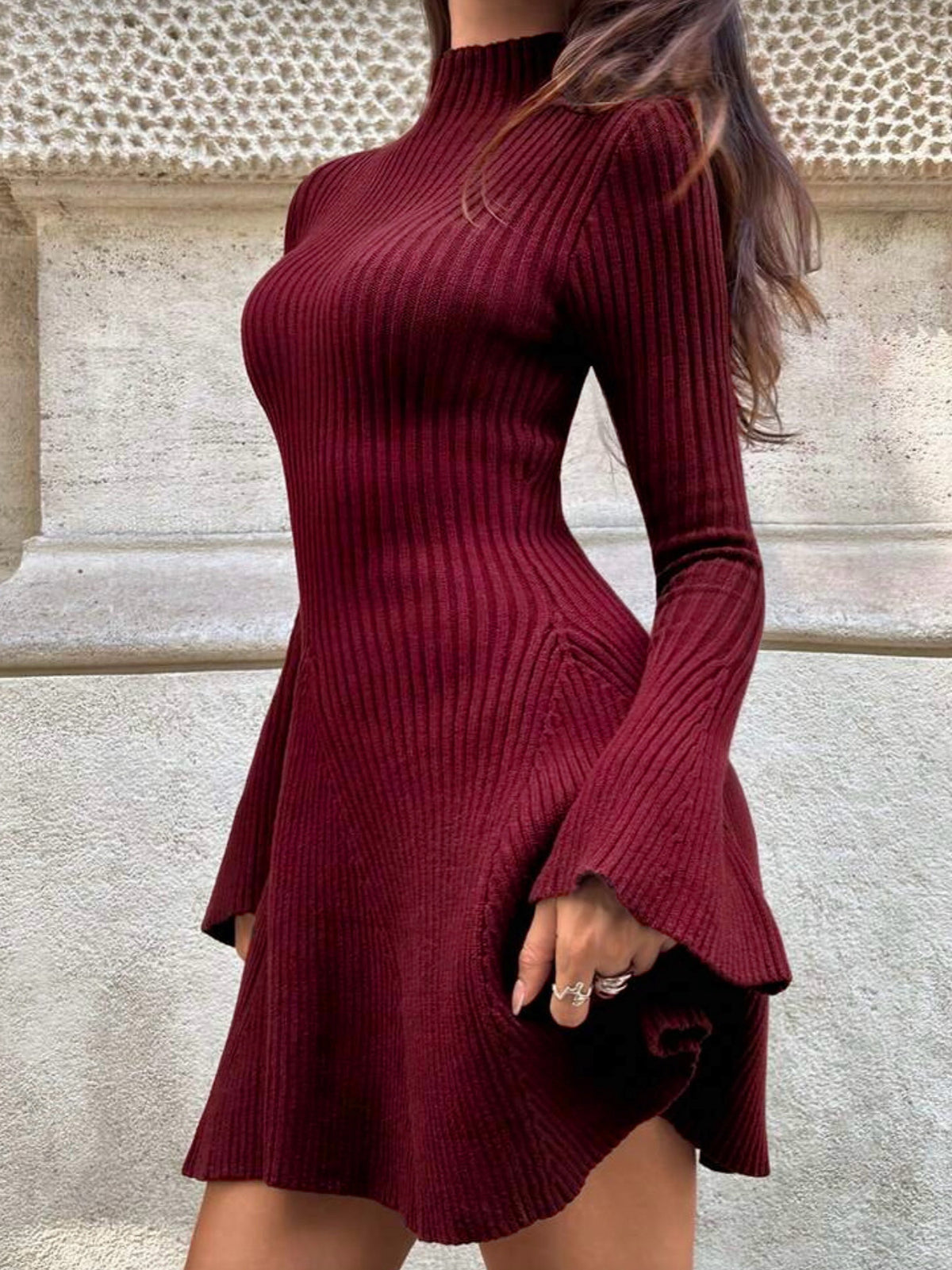 Wine red knit sweater dress with high neck, long sleeves, ribbed fit and A-line flare